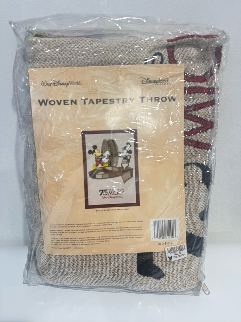Vintage Mickey Mouse Woven Tapestry Throw 75 Years Walt Disney World 46x67" New